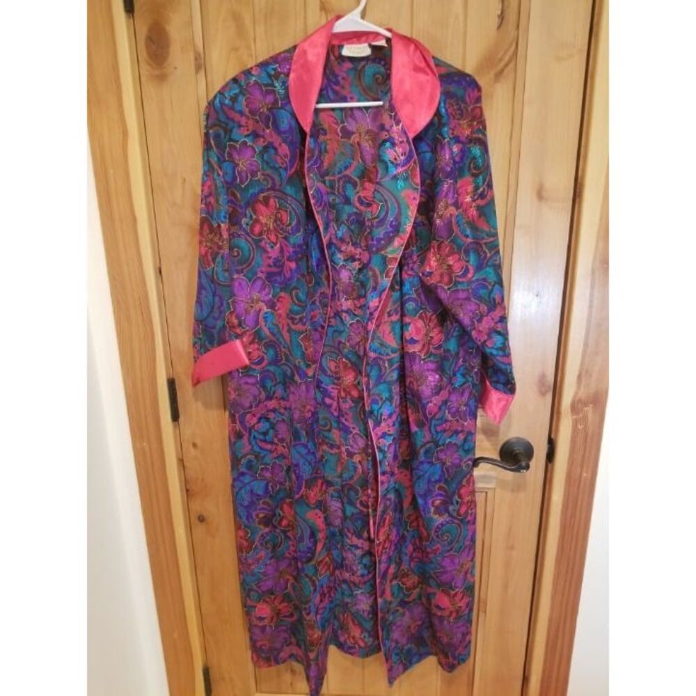 Vintage Victoria Secret‎ Kimono Silk Robe S Purple Floral Pattern Long